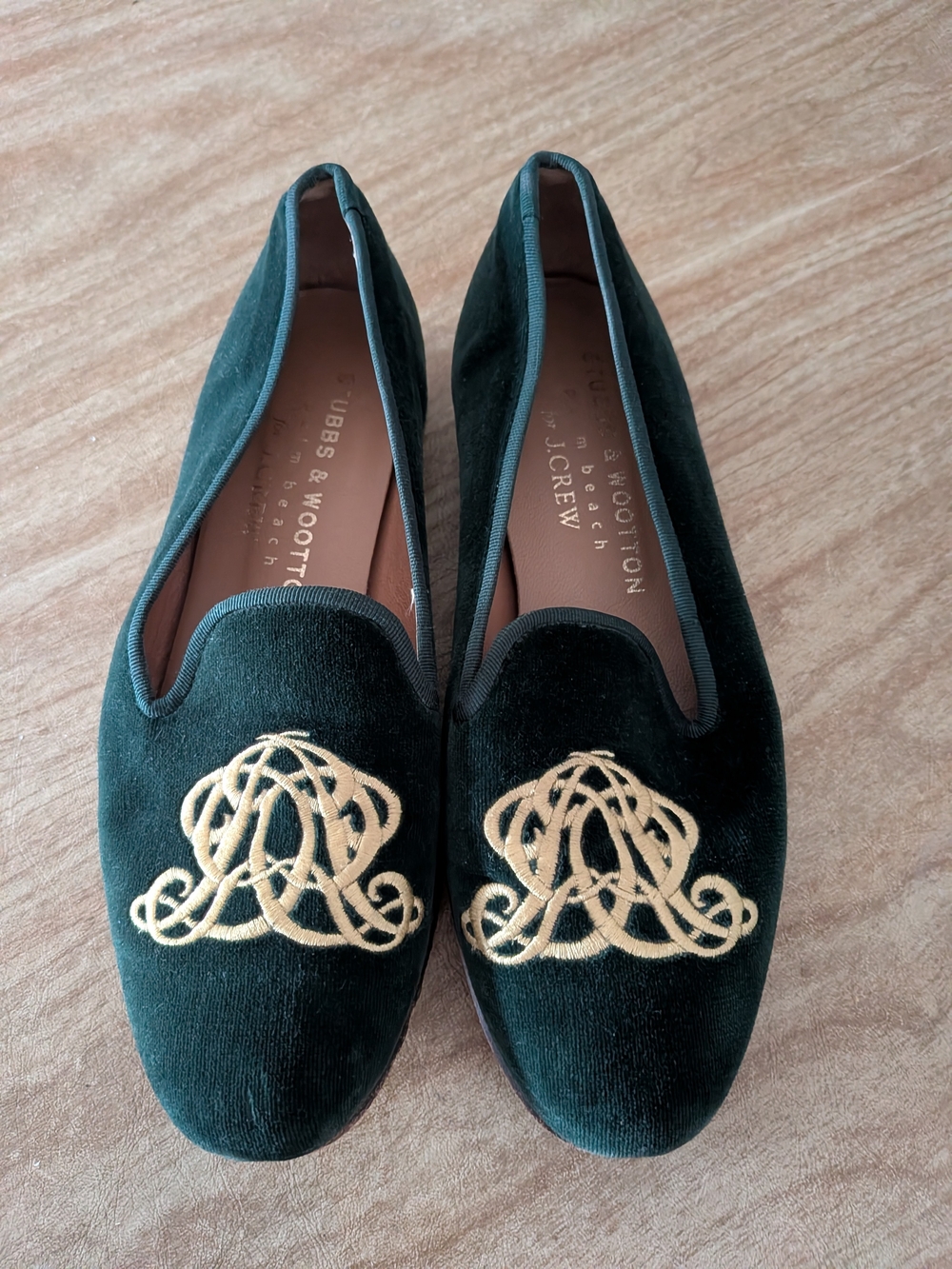 Stubbs & Wootton For J. Crew Dark Green Velvet Loafers with Gold Embroidery